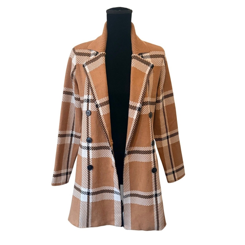 MAX STUDIO Preppy Plaid Cardigan Sweater Coat Size L Quiet Luxury Coatigan